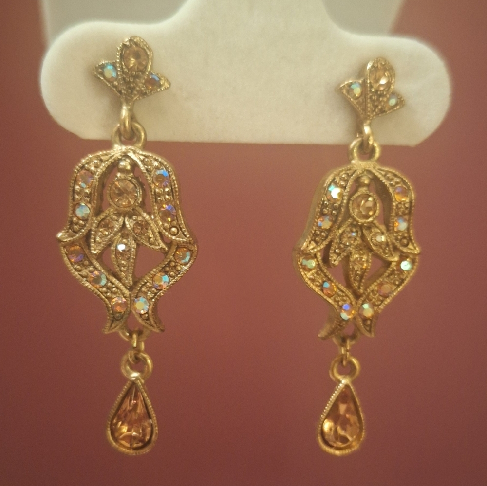 1928 Victorian Revival Dangle Post Pierced Earrings Antique Finish AB Stones